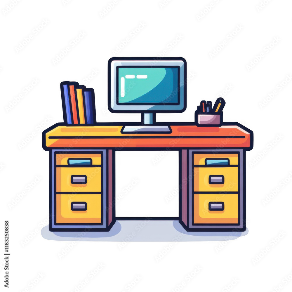 Computer on desk icon in flat style. Workplace vector illustration on isolated or white background. Computer on desk icon in flat style. Workplace vector illustration on isolated or white background.