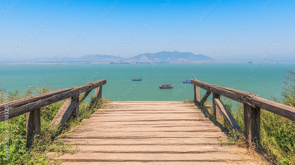 Wooden Pathway Overlooking Calm Bay and Distant Mountains Wooden Pathway Overlooking Calm Bay and Distant Mountains