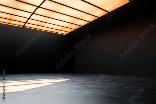 Dark room, sunlight, industrial ceiling, empty space, gallery photo