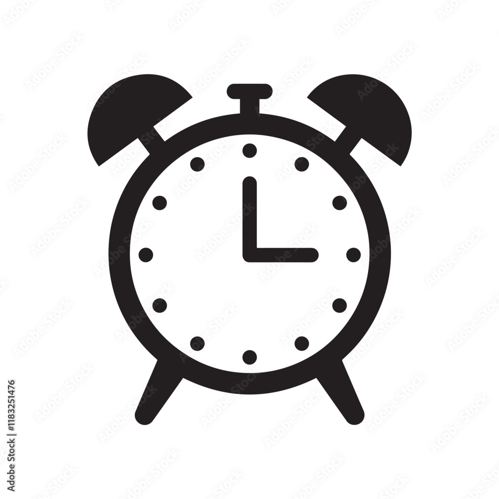 black and white silhouette of an alarm clock icon, symbolizing time and punctuality black and white silhouette of an alarm clock icon, symbolizing time and punctuality