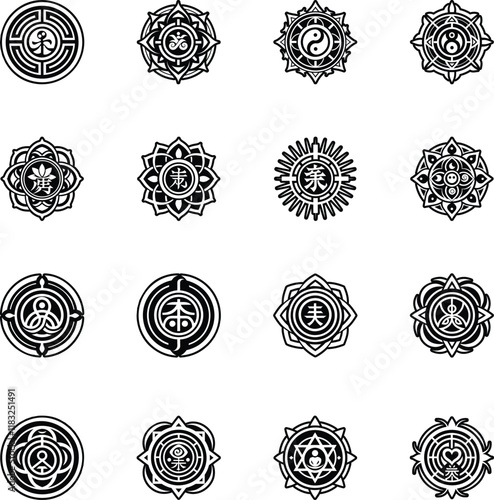 Collection of Glyph Style Reiki Symbol Tattoo Icons 

