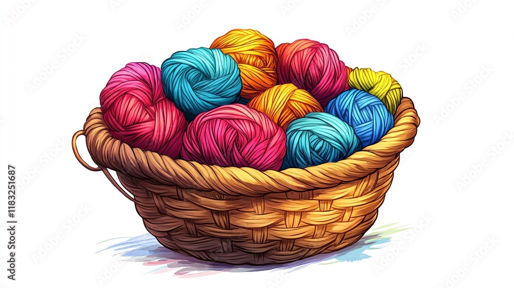a 2D cartoon illustration of a bundle of knitting yarn in a basket, cozy and creative, white background--ar 16:9 a 2D cartoon illustration of a bundle of knitting yarn in a basket, cozy and creative, white background--ar 16:9