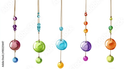 a 2D cartoon illustration of a homemade wind chime with beads and strings, whimsical and creative, white background--ar 16:9