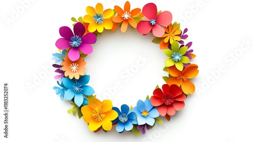 a 2D cartoon illustration of a colorful wreath made of paper flowers, festive and decorative, white background--ar 16:9 photo