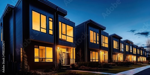 Modern townhouses, architectural design, twilight scene, warm glowing windows, contemporary facades, geometric shapes, urban residential development, blue hour lighting, symmetrical composition, minim photo