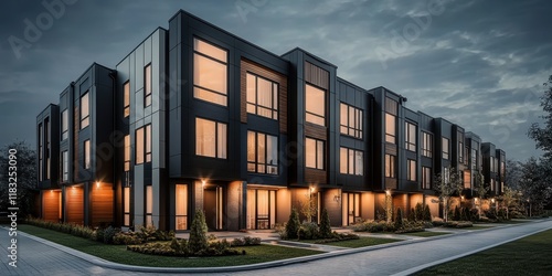 Modern townhouses, architectural design, twilight scene, warm glowing windows, contemporary facades, geometric shapes, urban residential development, blue hour lighting, symmetrical composition, minim
