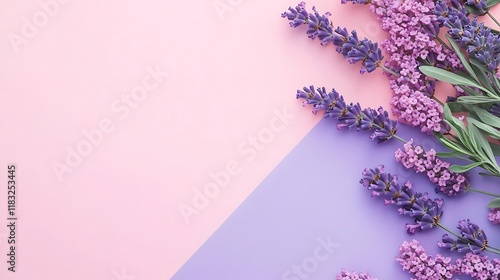 Lavender blossoms arranged on pink and purple background