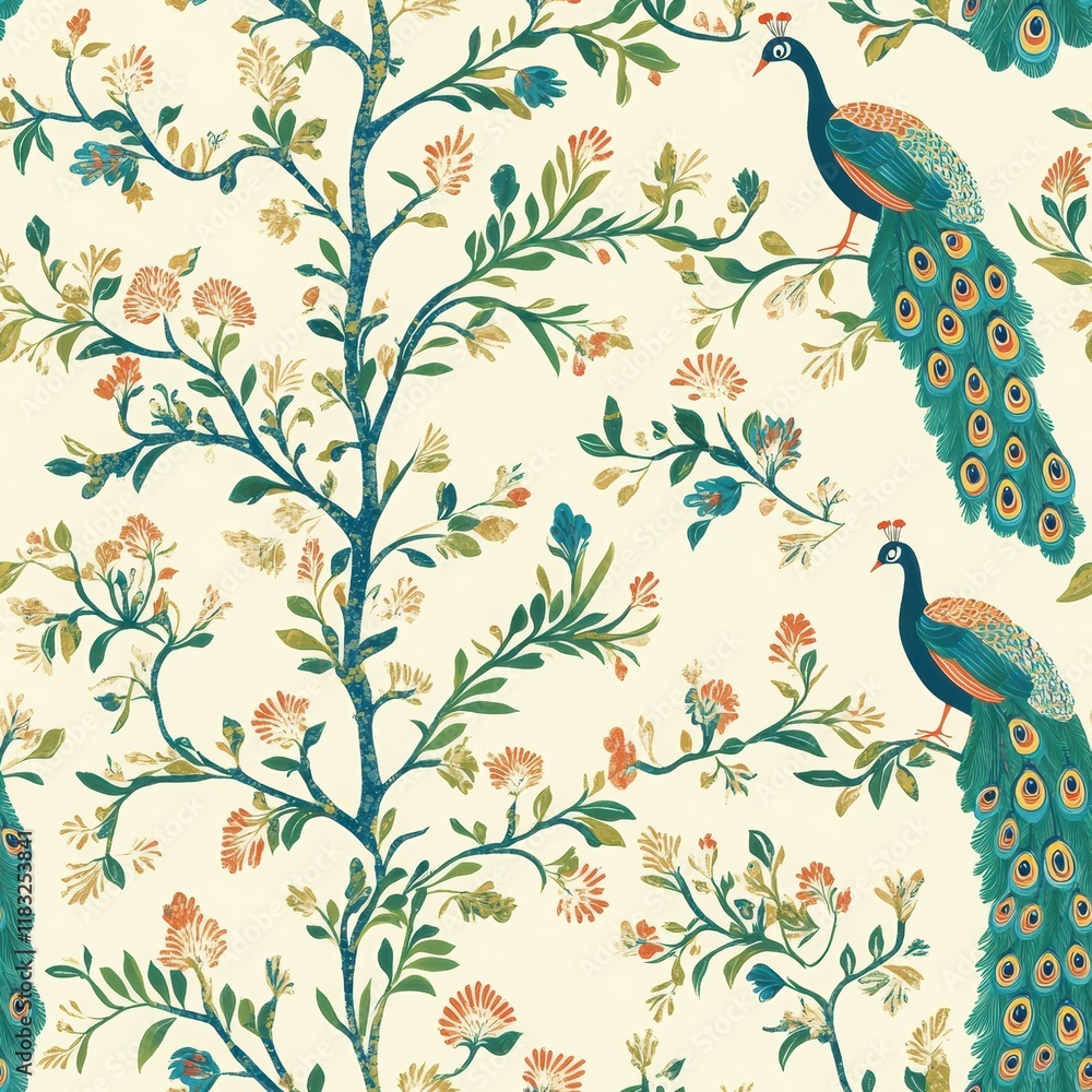 Fototapeta premium A vibrant pattern featuring peacocks and floral elements on a light background, showcasing intricate botanical designs. seamless pattern 