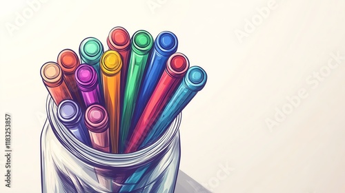 a 2D cartoon illustration of a bundle of colorful markers in a jar, artistic and fun, white background--ar 16:9 photo