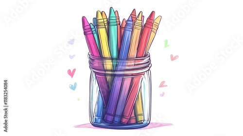 a 2D cartoon illustration of a bundle of colorful markers in a jar, artistic and fun, white background--ar 16:9 photo