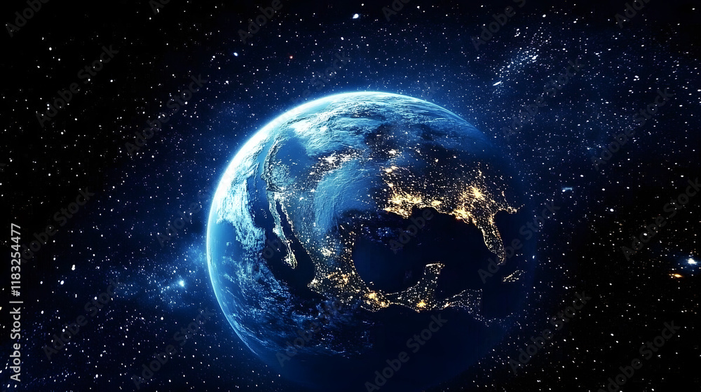 A view of the Earth from space at night, showing city lights and stars A view of the Earth from space at night, showing city lights and stars