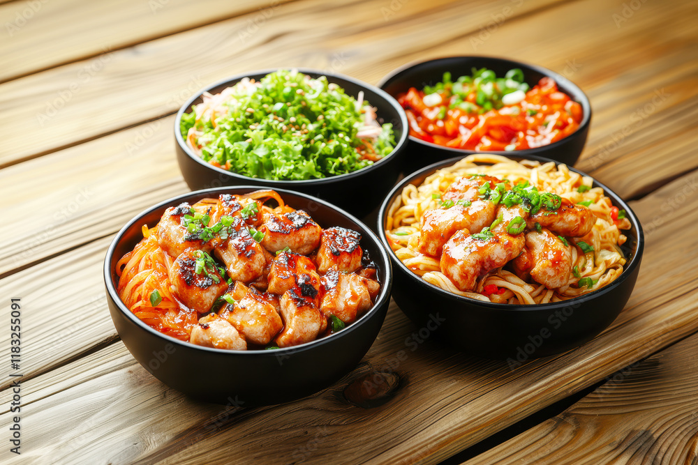 A vibrant display of four bowls filled with delicious chicken, noodles, and fresh vegetables on a rustic wooden table.