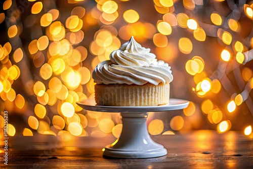 Creamy white frosting, bokeh-blurred backgrounds highlight delicious cake images. Perfect for birthday celebrations, sweet dessert photography. photo