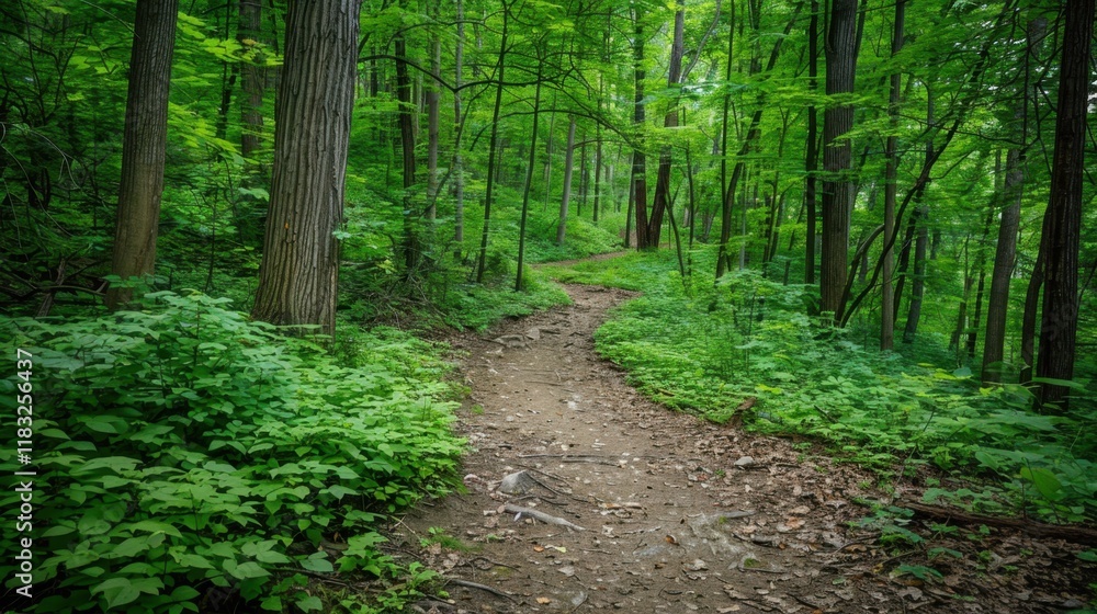Fototapeta premium Hiking Trails: The trails wind through dense woods, offering a range of challenges from easy strolls to difficult climbs, catering to every hiker’s level of experience. 