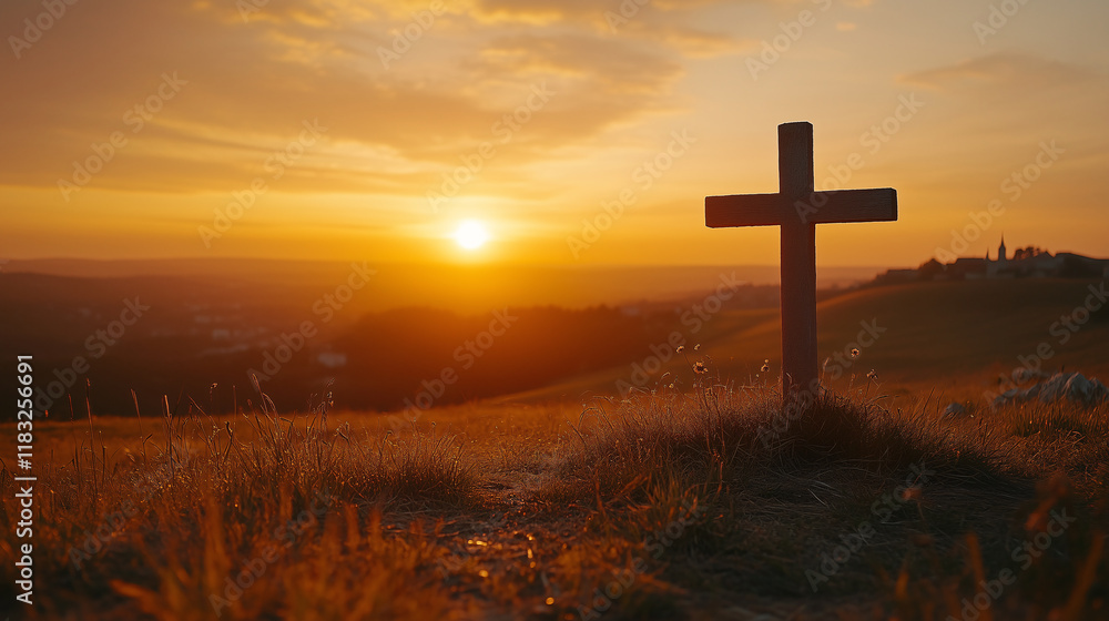 Cross on hill in the sunset, Calvary and resurrection concept Cross on hill in the sunset, Calvary and resurrection concept