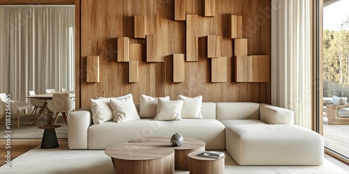 Fototapeta Naklejka Na Ścianę i Meble -  Modern living room, textured wooden wall panels, 3D geometric wood blocks, minimalist white sofa, round wooden coffee table, beige color palette, contemporary interior design, warm lighting, sleek cei