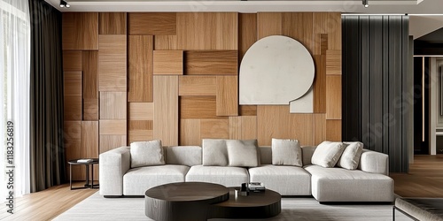 Fototapeta Naklejka Na Ścianę i Meble -  Modern living room, textured wooden wall panels, 3D geometric wood blocks, minimalist white sofa, round wooden coffee table, beige color palette, contemporary interior design, warm lighting, sleek cei