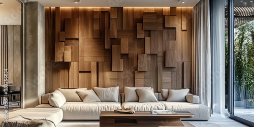 Fototapeta Naklejka Na Ścianę i Meble -  Modern living room, textured wooden wall panels, 3D geometric wood blocks, minimalist white sofa, round wooden coffee table, beige color palette, contemporary interior design, warm lighting, sleek cei