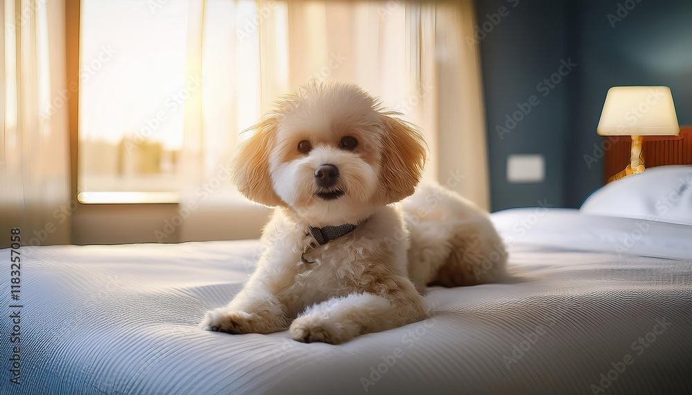 A fluffy dog lounging on a bed in a warmly lit room, creating a cozy and inviting atmosphere. A fluffy dog lounging on a bed in a warmly lit room, creating a cozy and inviting atmosphere.