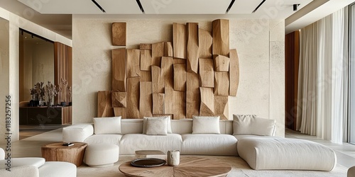 Fototapeta Naklejka Na Ścianę i Meble -  Modern living room, textured wooden wall panels, 3D geometric wood blocks, minimalist white sofa, round wooden coffee table, beige color palette, contemporary interior design, warm lighting, sleek cei