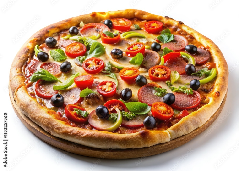 Mouthwatering UHD pizza, isolated on white. High-resolution food photography captures its deliciousness. Mouthwatering UHD pizza, isolated on white. High-resolution food photography captures its deliciousness.