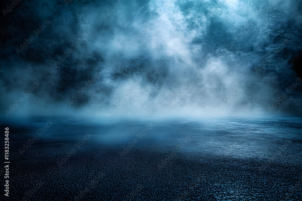 studio room's concrete floor and dark blue asphalt background create a moody atmosphere, with smoke adding texture and depth, providing an ideal setting for product displays in stock photos