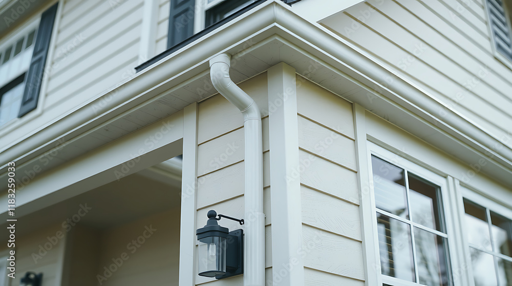 Residential Exterior with White Vinyl Siding, Gutters, and Downspout Residential Exterior with White Vinyl Siding, Gutters, and Downspout
