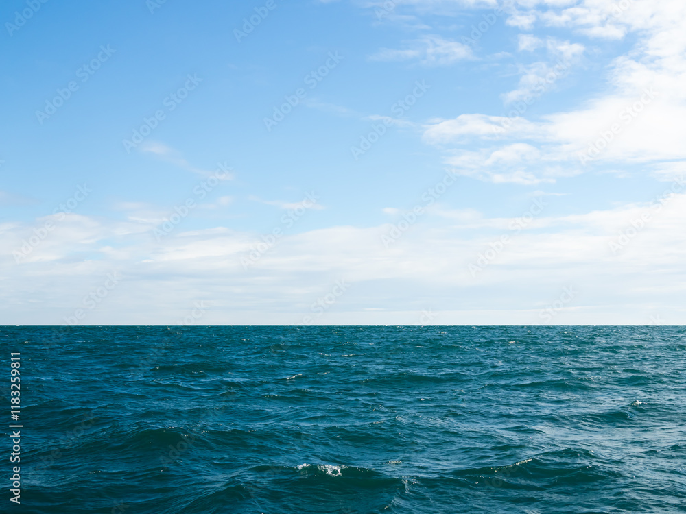 Fototapeta premium Summer background sea blue with cloud sky, coast island scene mockup water nature travel vacation holidays tropical, mockup ocean ecosystem energy change environment, backdrop product cosmetic