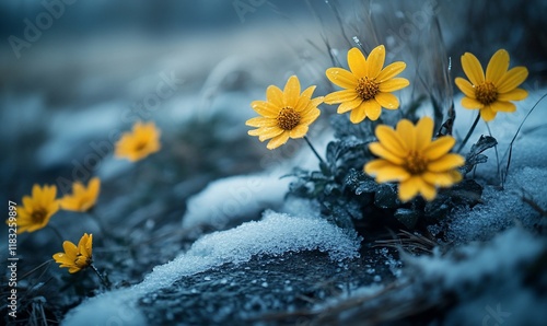 Yellow flowers in snow, winter landscape, nature scene, postcard