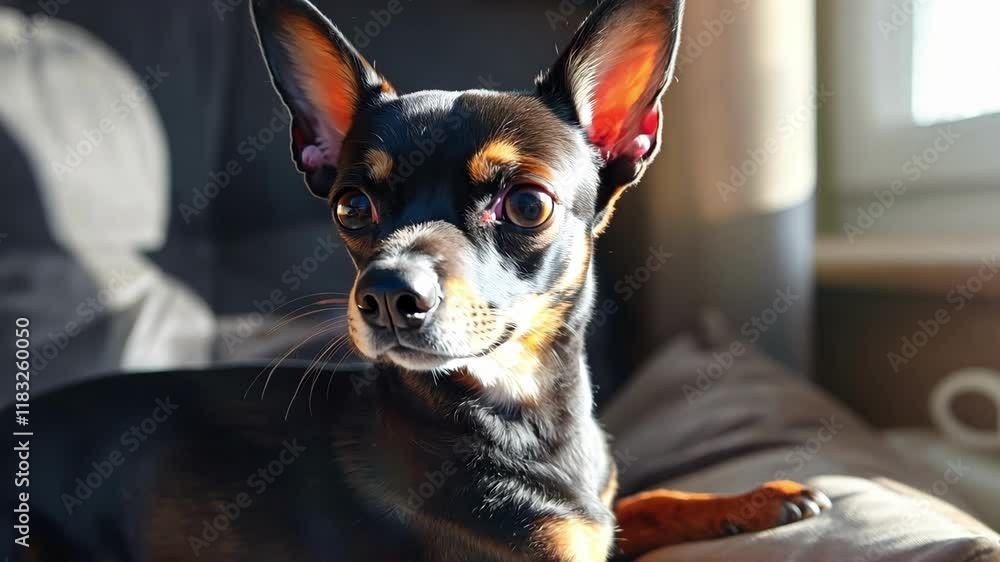 Miniature pinscher relaxing in sunlight on a comfortable couch AI Miniature pinscher relaxing in sunlight on a comfortable couch AI