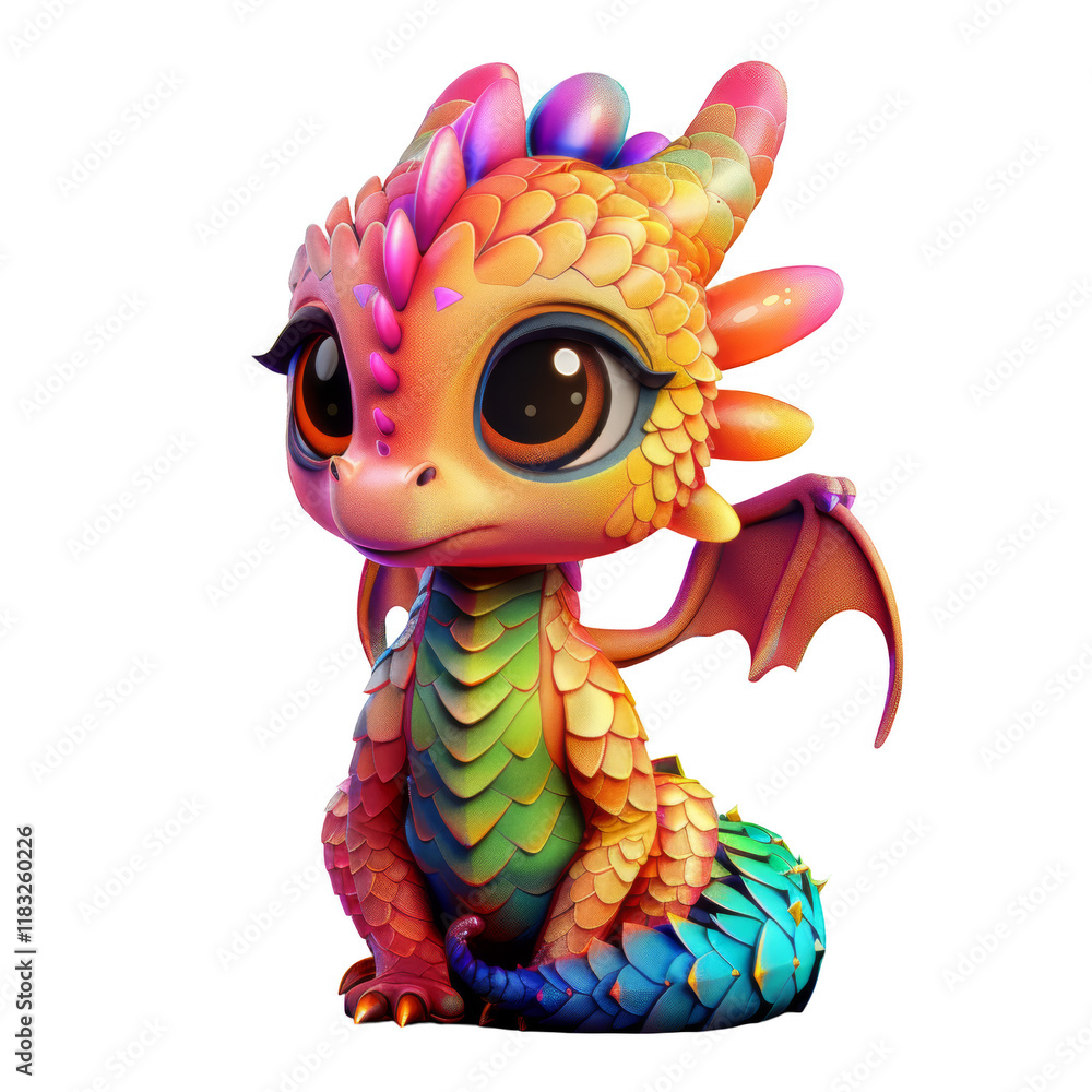 A cute, colorful dragon with large eyes and scales sits on a black background. A cute, colorful dragon with large eyes and scales sits on a black background.