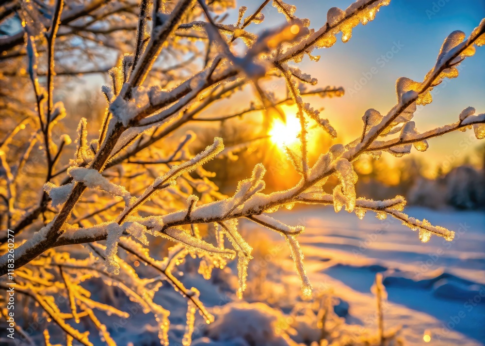 Golden sunlight bathes iced branches in a cold 2018-19 winter wonderland, captured with tilt-shift magic. Golden sunlight bathes iced branches in a cold 2018-19 winter wonderland, captured with tilt-shift magic.