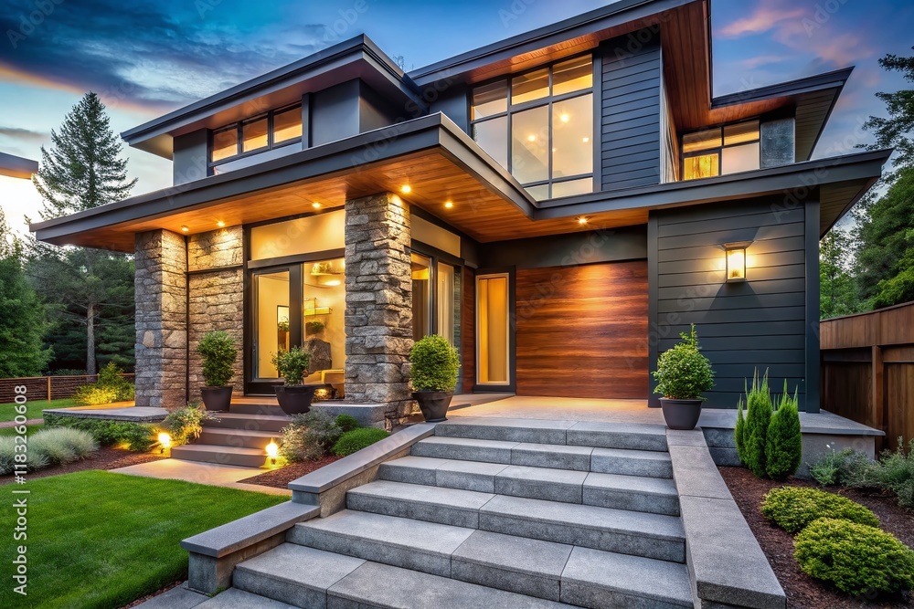 Modern Dark Gray Home Exterior with Wood Door, Bokeh, Stock Photo Modern Dark Gray Home Exterior with Wood Door, Bokeh, Stock Photo