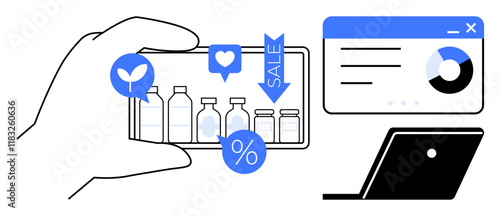 Hand holding a smartphone displaying product bottles and discount icons, alongside a laptop with an analytics dashboard. Ideal for e-commerce, sales, digital marketing, online shopping, mobile