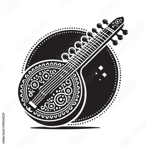 Sitar Silhouette Vector Illustration, Solid White Background.