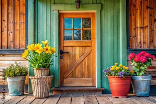Modern Farmhouse Front Porch Macro Detail: Dutch Door, Spring Flowers, Rustic Wood