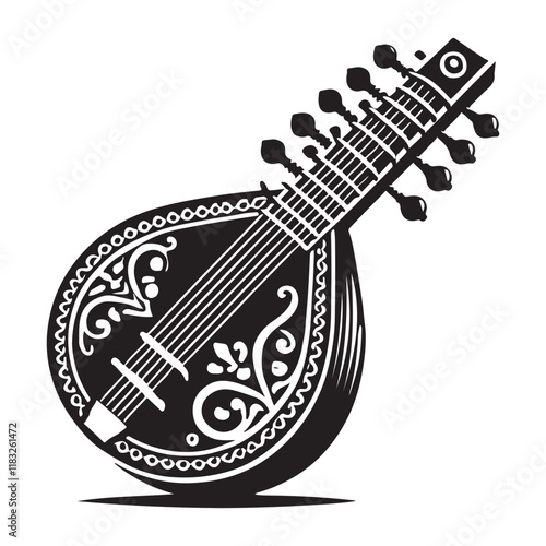 Sitar Silhouette Vector Illustration, Solid White Background.
