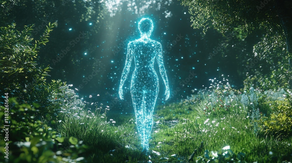 Cybernetic enhancements integrating with human figures in a lush forest setting digital art serene environment futuristic concept Cybernetic enhancements integrating with human figures in a lush forest setting digital art serene environment futuristic concept