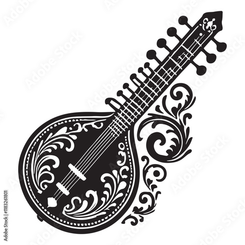 Sitar Silhouette Vector Illustration, Solid White Background.