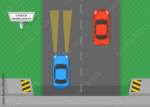 Driving tips and traffic regulation rules. Top view of a traffic flow exiting the tunnel. Check headlights sign. One car travels with headlights on, another turned it off. Flat vector illustration.