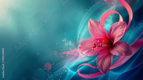 Elegant Pink Flower with Swirling Ribbons Against a Soft Blue Gradient Background, Perfect for Illustrating Nature, Art, and Serenity Themes