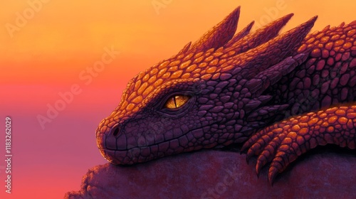 A vibrant digital painting depicting a majestic dragon resting on a cliff and guarding its treasure, with golden scales and a glowing sunset in the background. photo