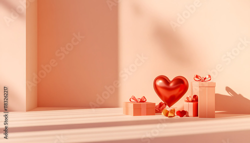 The image displays red hearts and gift boxes on a red background, evoking romance.