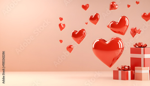 The image displays red hearts and gift boxes on a red background, evoking romance.