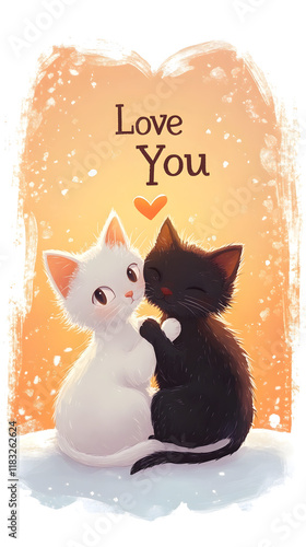 The illustration shows two cats cuddling in snow, against an orange sky, with 