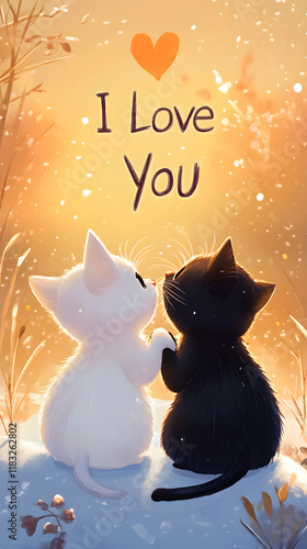 The illustration shows two cats cuddling in snow, against an orange sky, with 