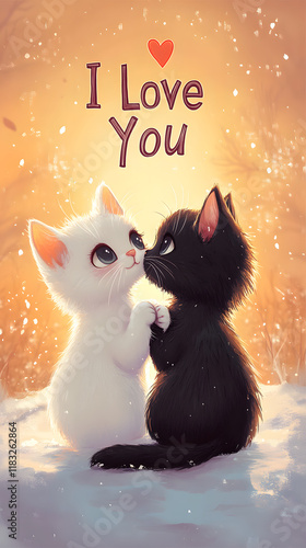 The illustration shows two cats cuddling in snow, against an orange sky, with 