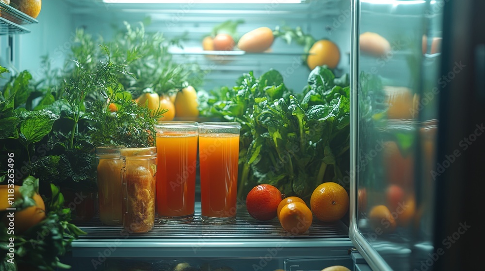 Inside of the fridge with vegetables fruit juice Inside of the fridge with vegetables fruit juice