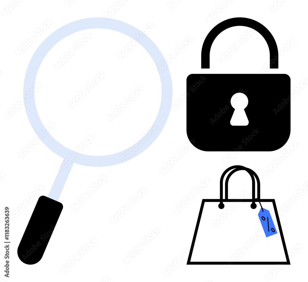Magnifying glass symbolizing search and research, padlock for security and privacy, shopping bag with sale tag for online shopping and commerce. Ideal for e-commerce, online security, consumer Magnifying glass symbolizing search and research, padlock for security and privacy, shopping bag with sale tag for online shopping and commerce. Ideal for e-commerce, online security, consumer