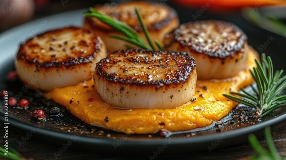 Seared scallops on creamy sweet potato pure, garnished with rosemary. Perfect for restaurant menus, food blogs, or culinary articles showcasing elegant dishes. Seared scallops on creamy sweet potato pure, garnished with rosemary. Perfect for restaurant menus, food blogs, or culinary articles showcasing elegant dishes.